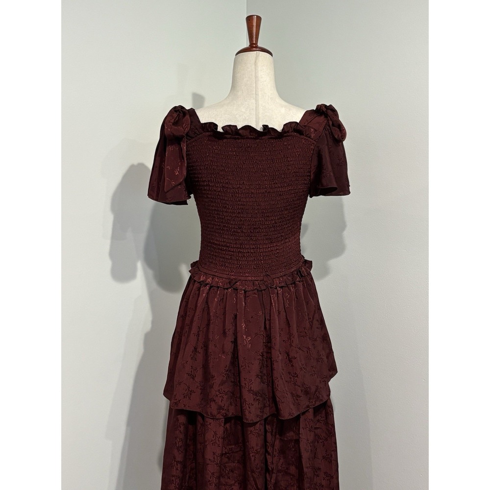 Ivy City Co Alana Tiered Smocked Burgundy Wine Size Medium Cottagecore Maxi - Picture 6 of 10